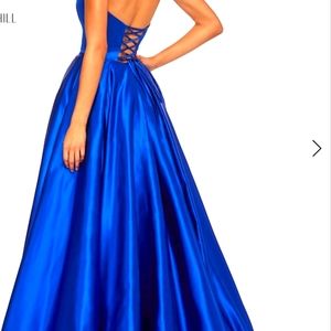 royal blue, high low strapless formal dress; deep v,sz s